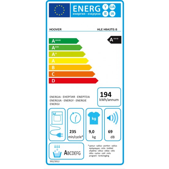 Hoover HLE H9A3TE-S Warmtepompdroger 9kg A+++ Met WiFi&Bluetooth