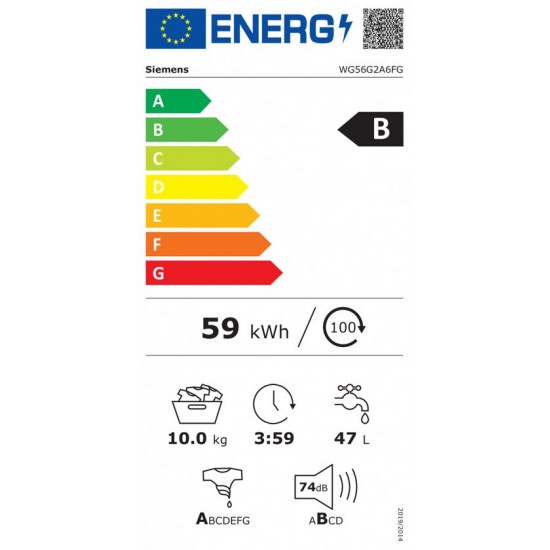 Siemens iQ500 WG56G2A6FG, Voorbelading, 10 kg, A, 74 dB, 1600 RPM, B