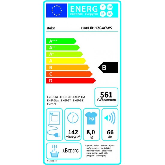 Beko DBBU8112GA0WS wasdroger Vrijstaand Voorbelading 8 kg B Wit