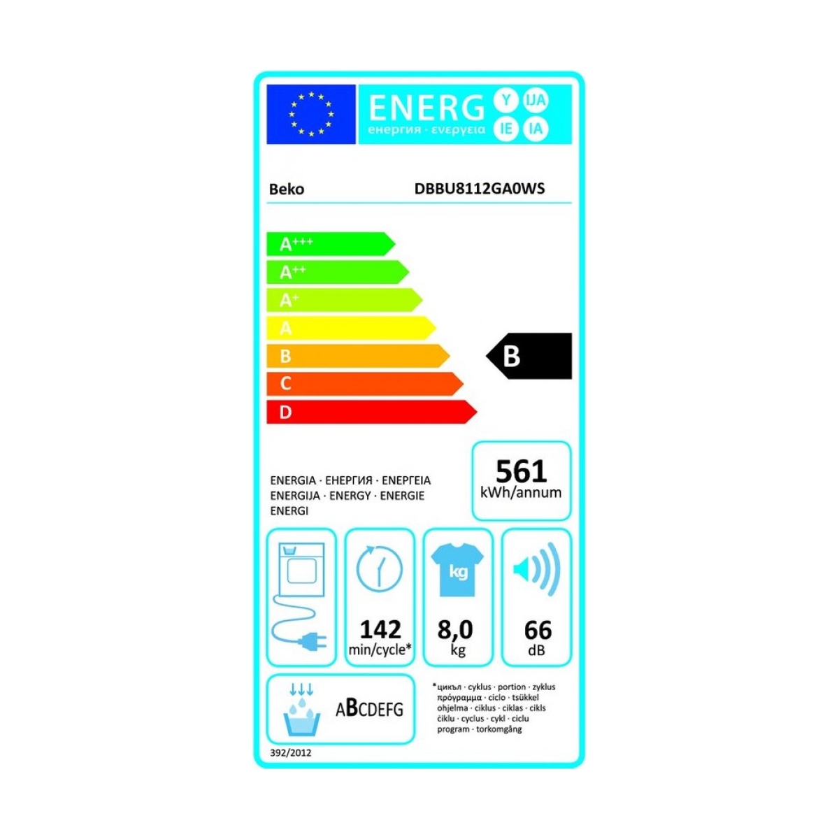 beko dbbu8112ga0ws wasdroger vrijstaand voorbelading 8 kg b wit - afbeelding 2
