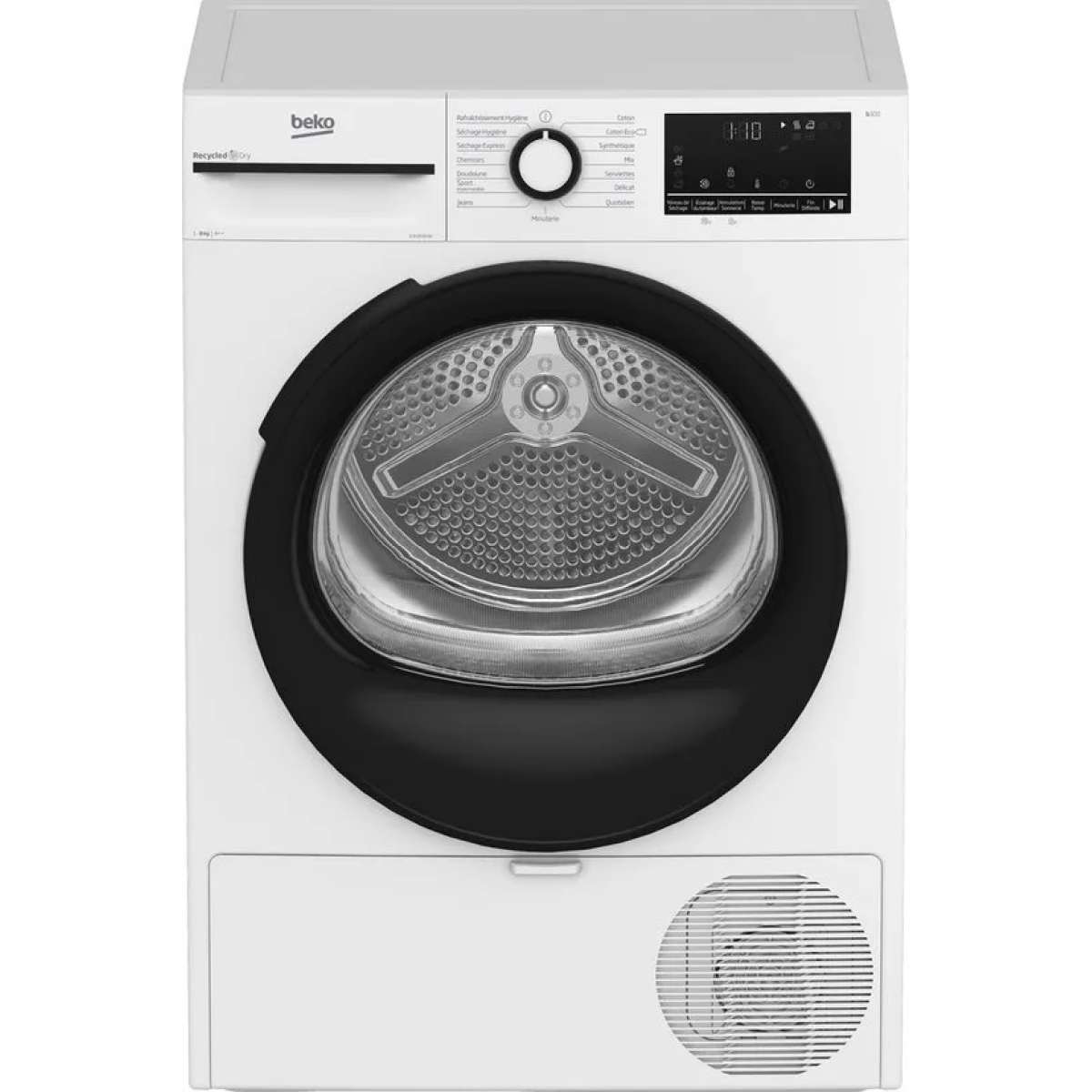 beko d3h28303w, vrijstaand, voorbelading, warmtepomp, wit, draaiknop, touch, rechts