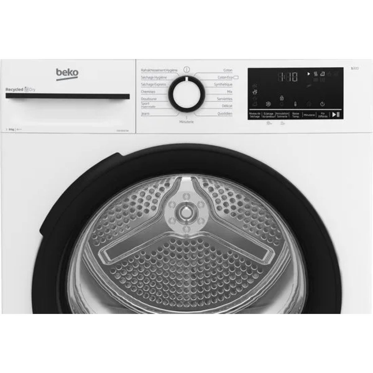 beko d3h28303w, vrijstaand, voorbelading, warmtepomp, wit, draaiknop, touch, rechts