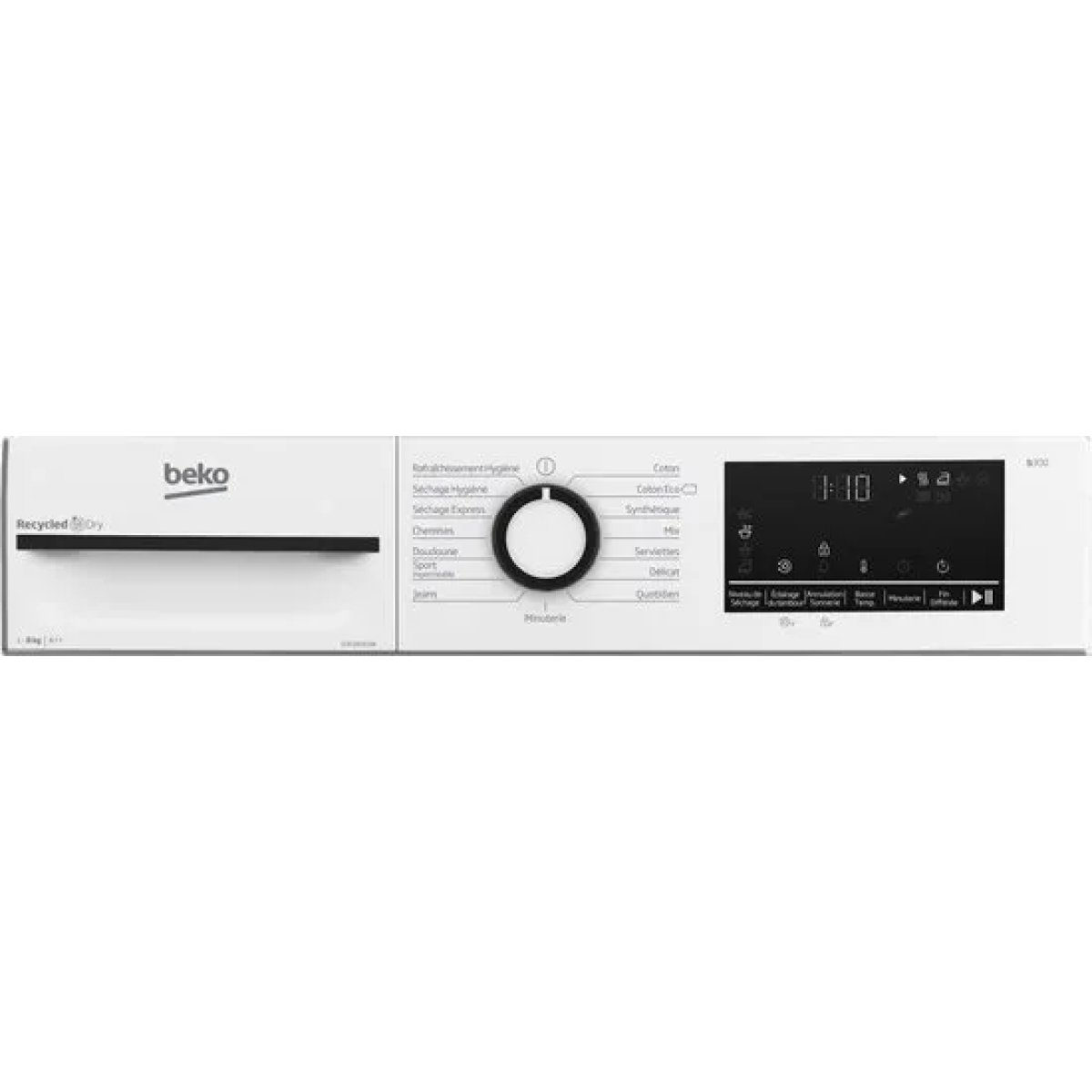 beko d3h28303w, vrijstaand, voorbelading, warmtepomp, wit, draaiknop, touch, rechts