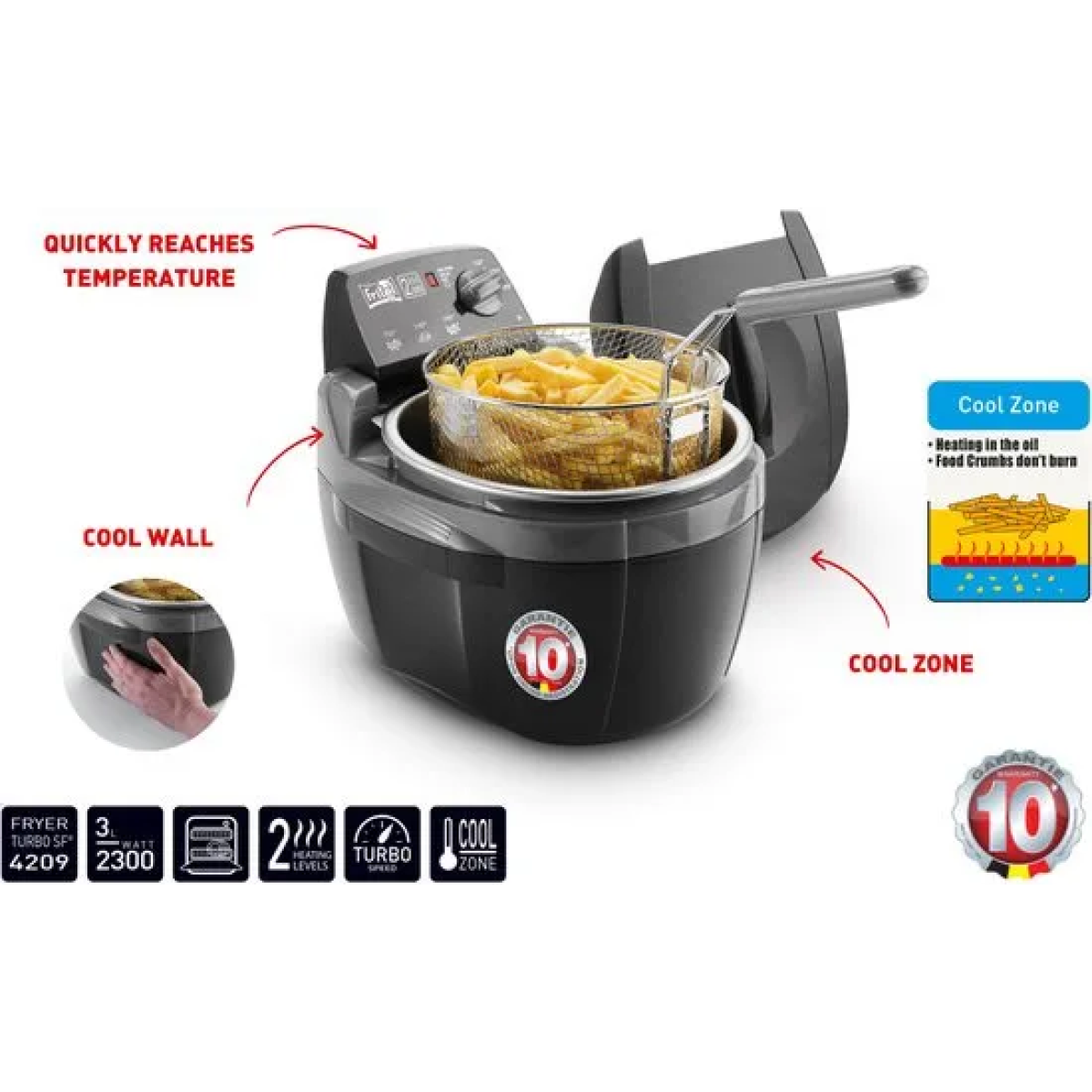 fritel frituurpan - turbo sf® 4209 - frietketel met antistofdeksel - friteuse voor olie + vast vet - 2-4 pers. frituurketel - 2300w - 3l - rond - retro