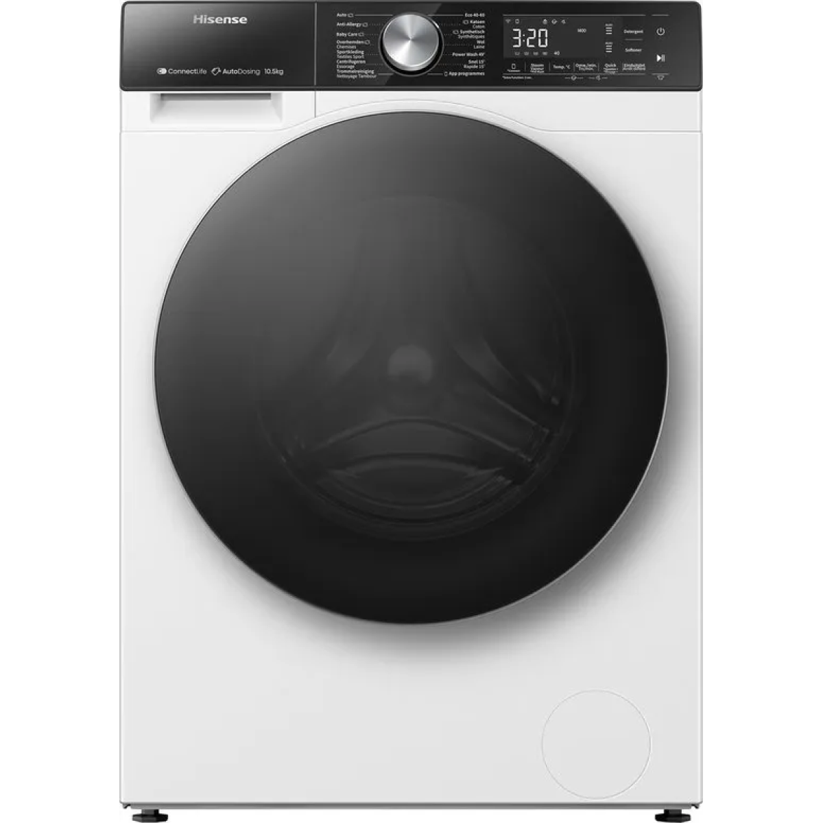 hisense 5s serie wf5s1045bw - wasmachine met energielabel a - 10,5kg - auto dosing - 72db (a) - steam wash -1400 toeren - power wash 49' - connectlife