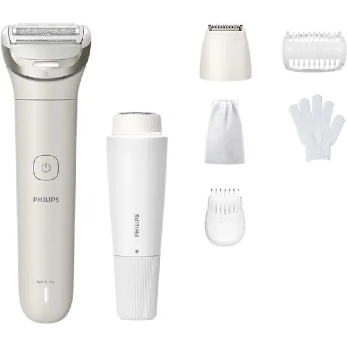 philips series 8000 ladyshave | een gladde scheerbeurt, zelfs op moeilijk bereikbare plekken | met gezichtshaartrimmer, ingebouwd led-lampje, 2 snelheidsstanden en 5 accessoires | wit| brl159/00