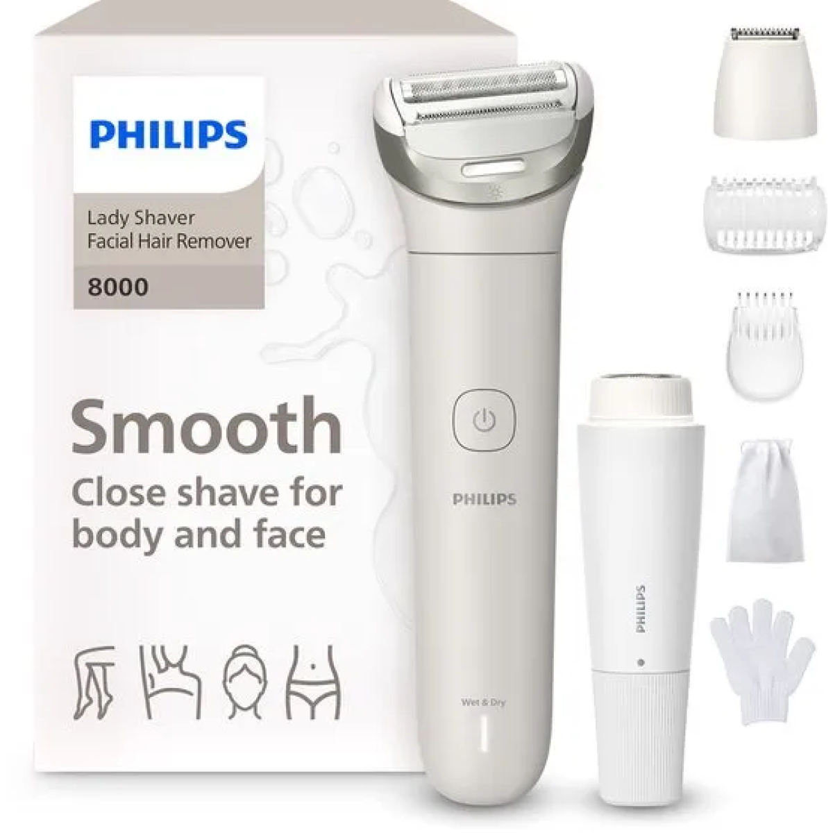 philips series 8000 ladyshave | een gladde scheerbeurt, zelfs op moeilijk bereikbare plekken | met gezichtshaartrimmer, ingebouwd led-lampje, 2 snelheidsstanden en 5 accessoires | wit| brl159/00