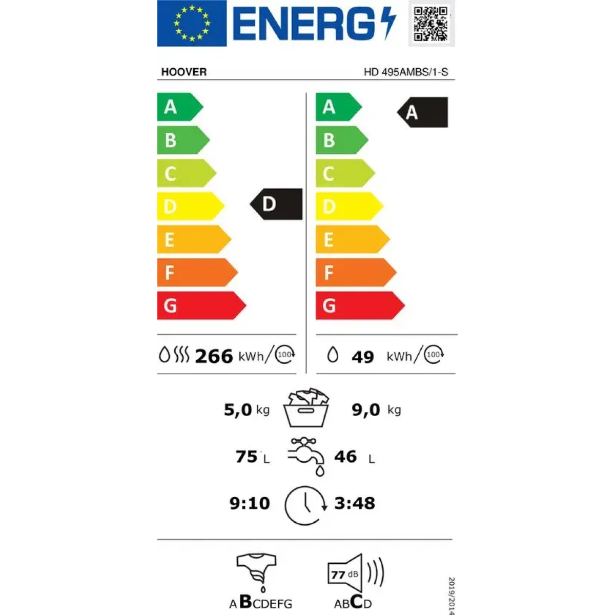 hoover hd 495ambs/1-s wasmachine – 9 kg – 1400 rpm – energieklasse a – stoomfunctie – wifi & app bediening